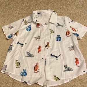 Cat Print High Low Hem Button Through Shirt